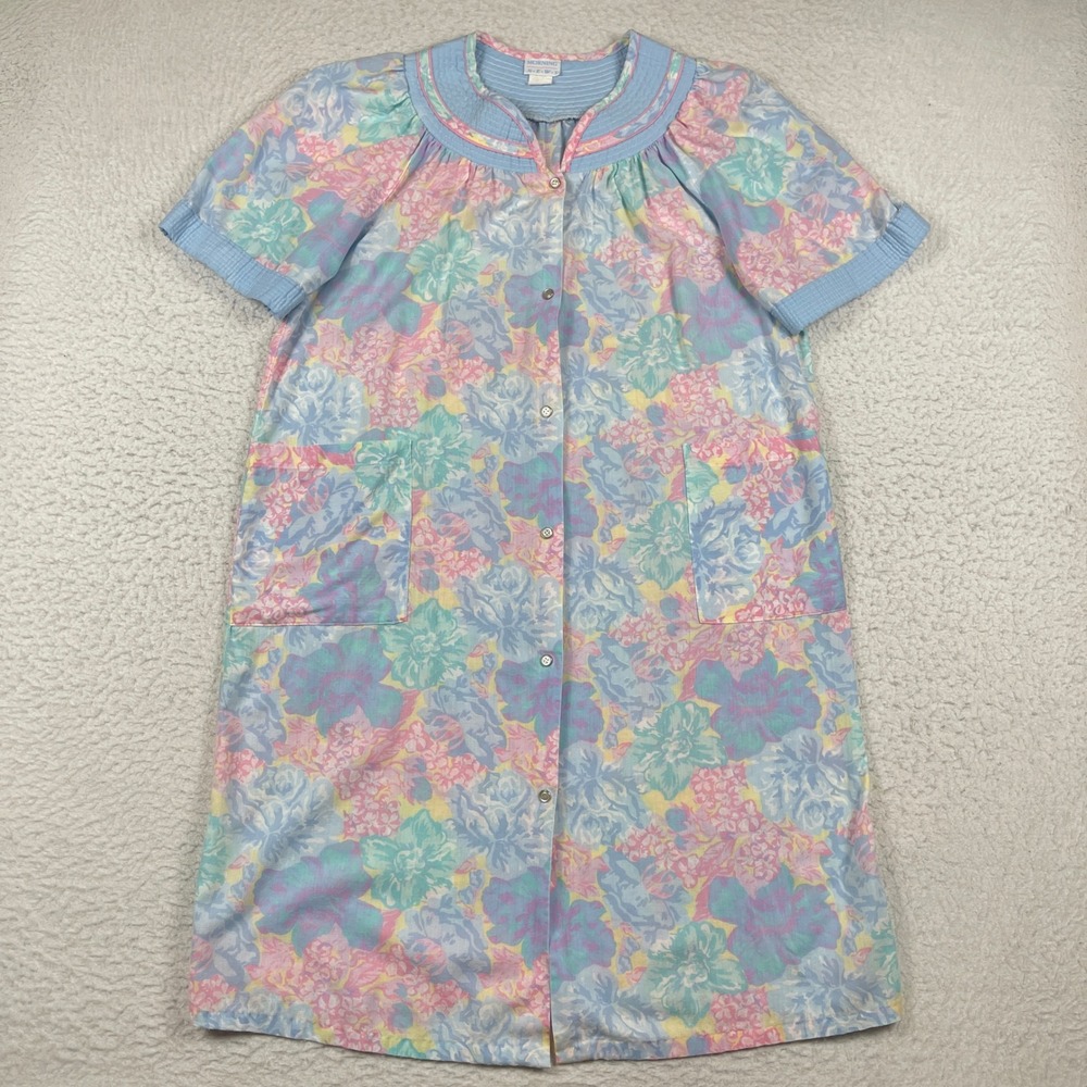 Morning News House Dress Womens Medium Blue Floral Vintage Duster Loungewear